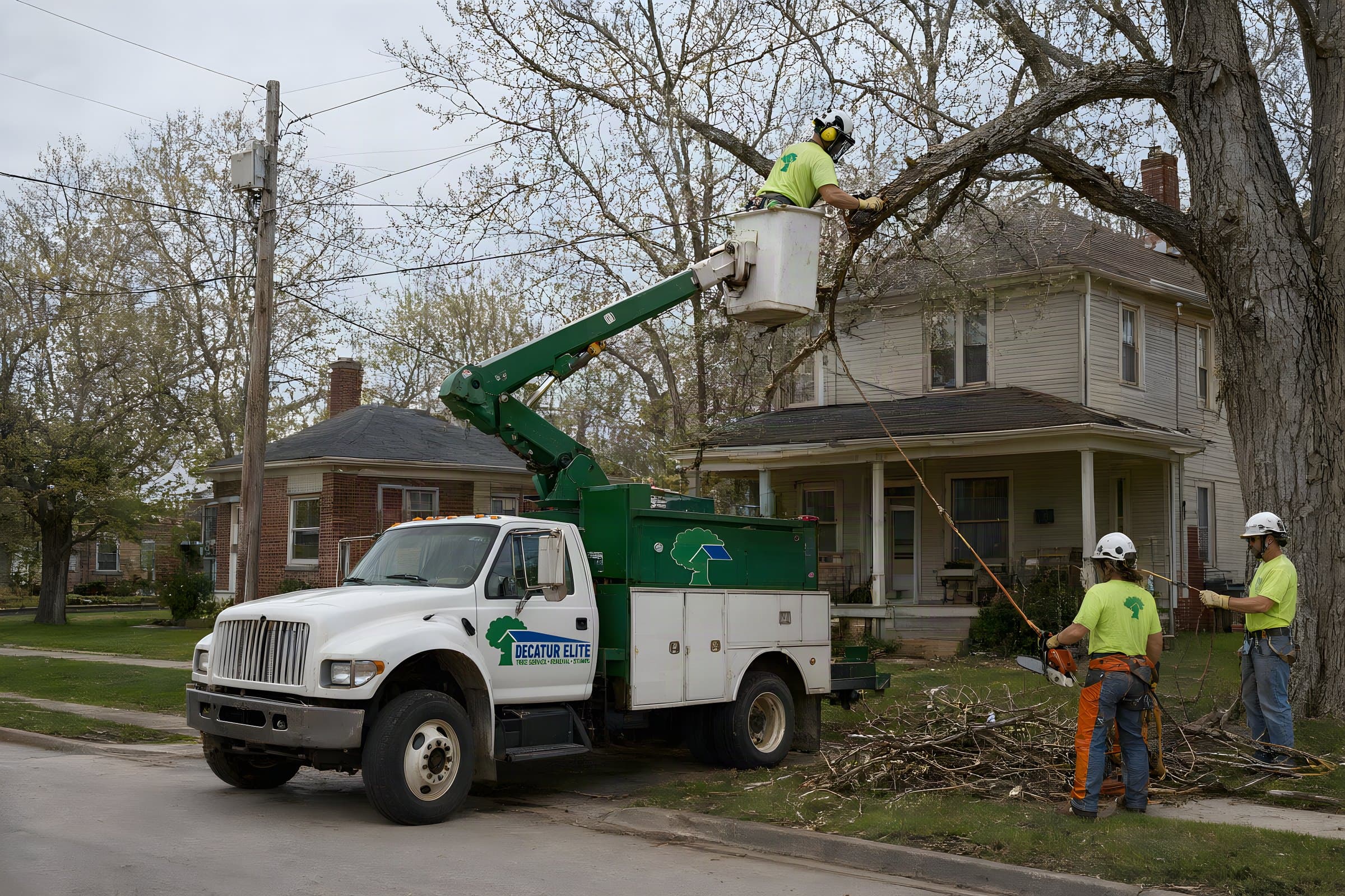 Our bucket truck crew trimming a dead limb out of a big silver maple over a Decatur porch